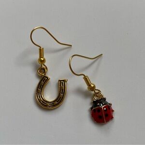 Handmade Ladybug & Horseshoe Good Luck Charm Earrings Gold P. Stainless Steel